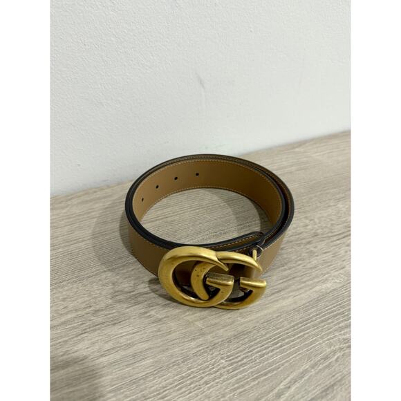 Gucci Leather Wide GG Marmont Gold Buckle Belt Tan Women's Size 75 - Picture 3 of 6